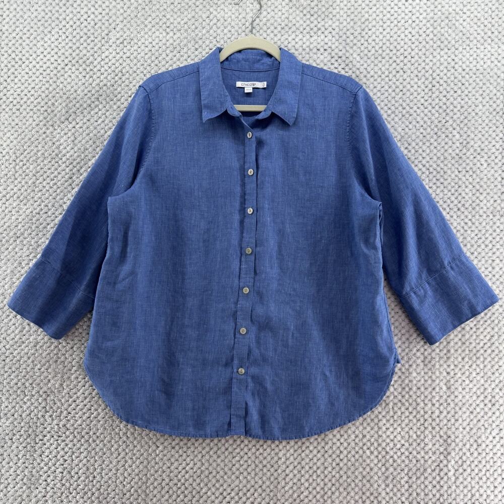 Chicos Top Womens 2 US12 Blue Linen Chambray Button Front 3/4 Sleeves Casual